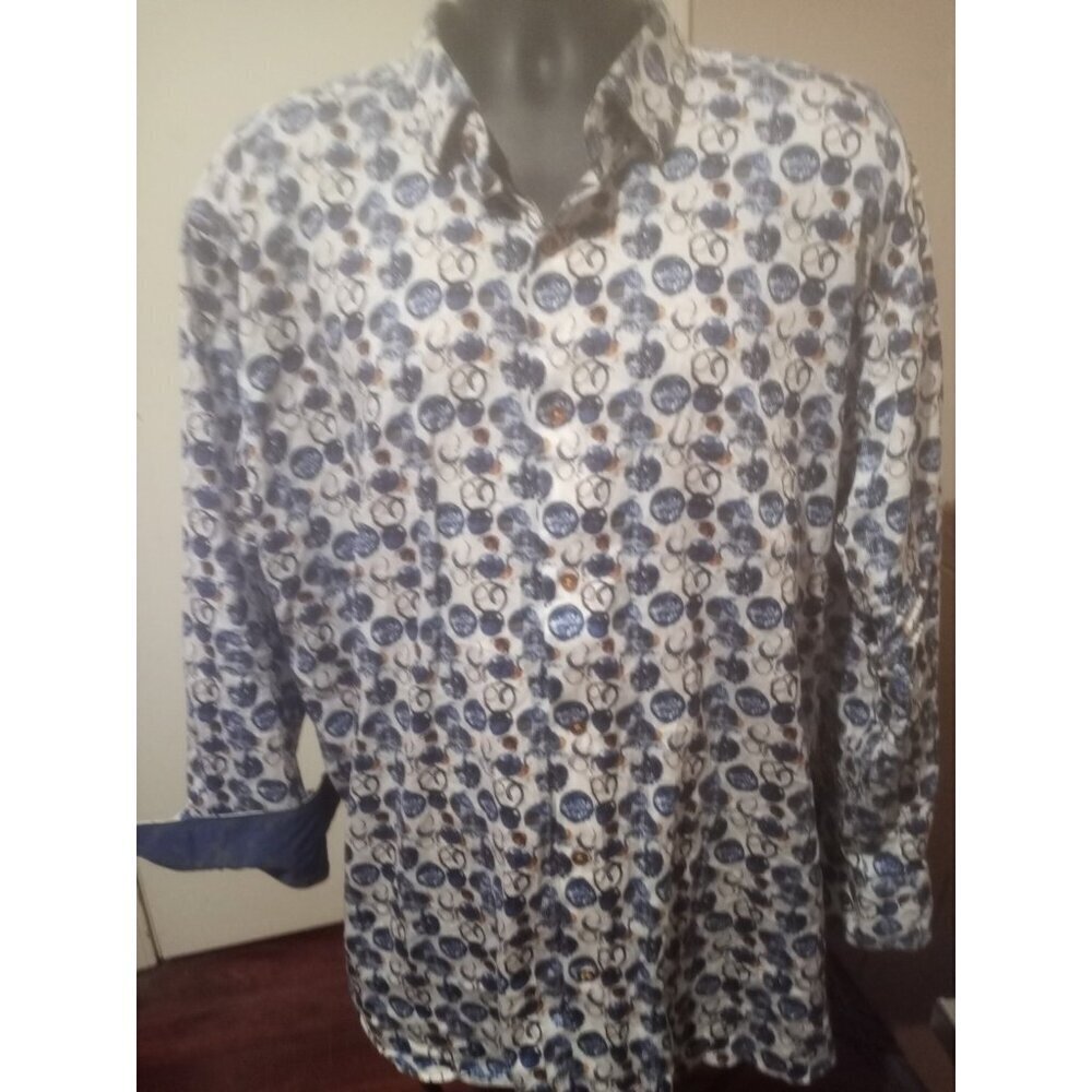 Luchiano Visconti Black Button Up Shirt Mens 2XLB Blue White Geometric Cotton